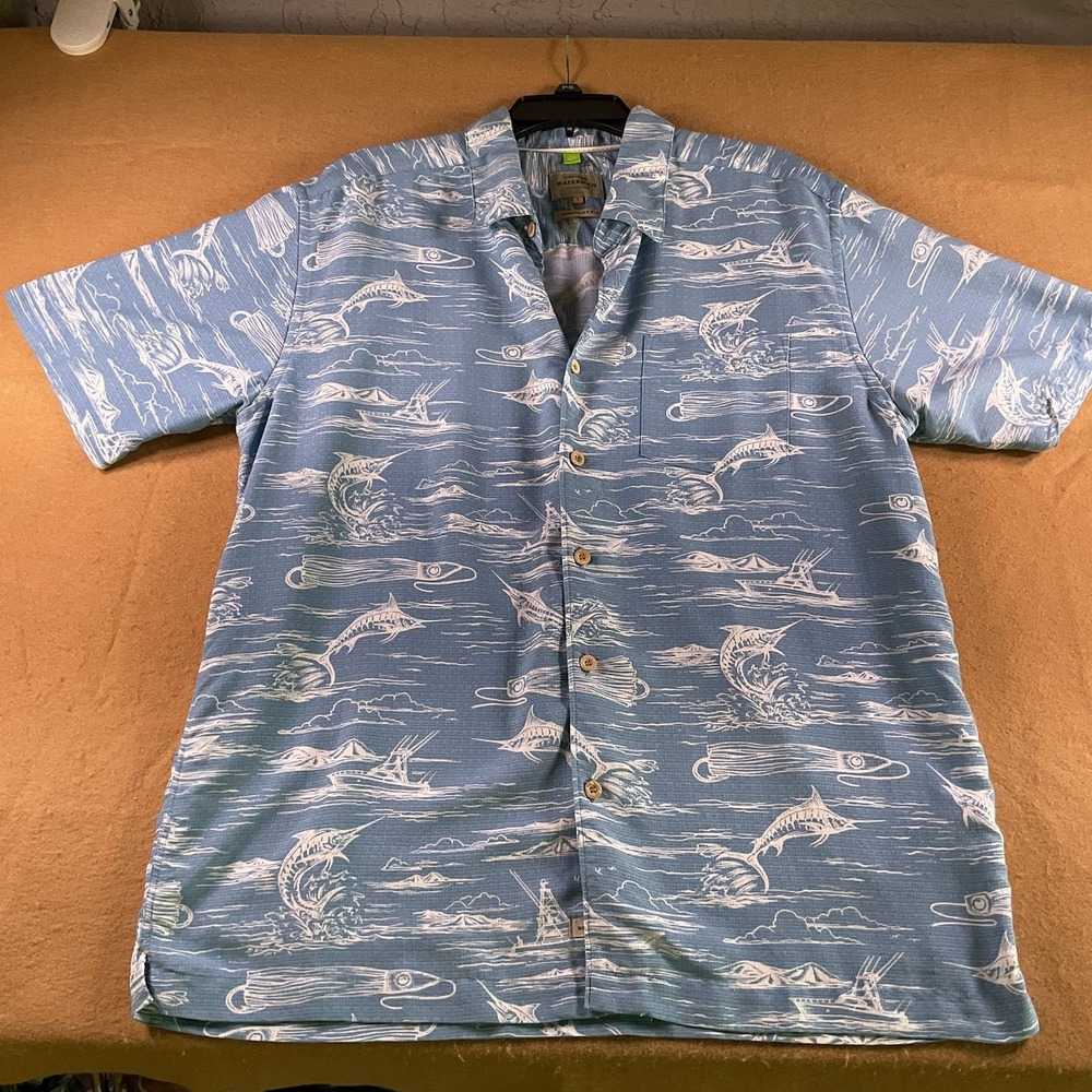 Quiksilver Waterman Collection Mens Large Blue Marlin Fishing Shirt Comfort Fit
